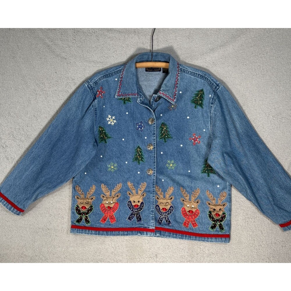 New Direction Denim Jean Jacket Womens Size L Ugly Christmas Embroidery Reindeer